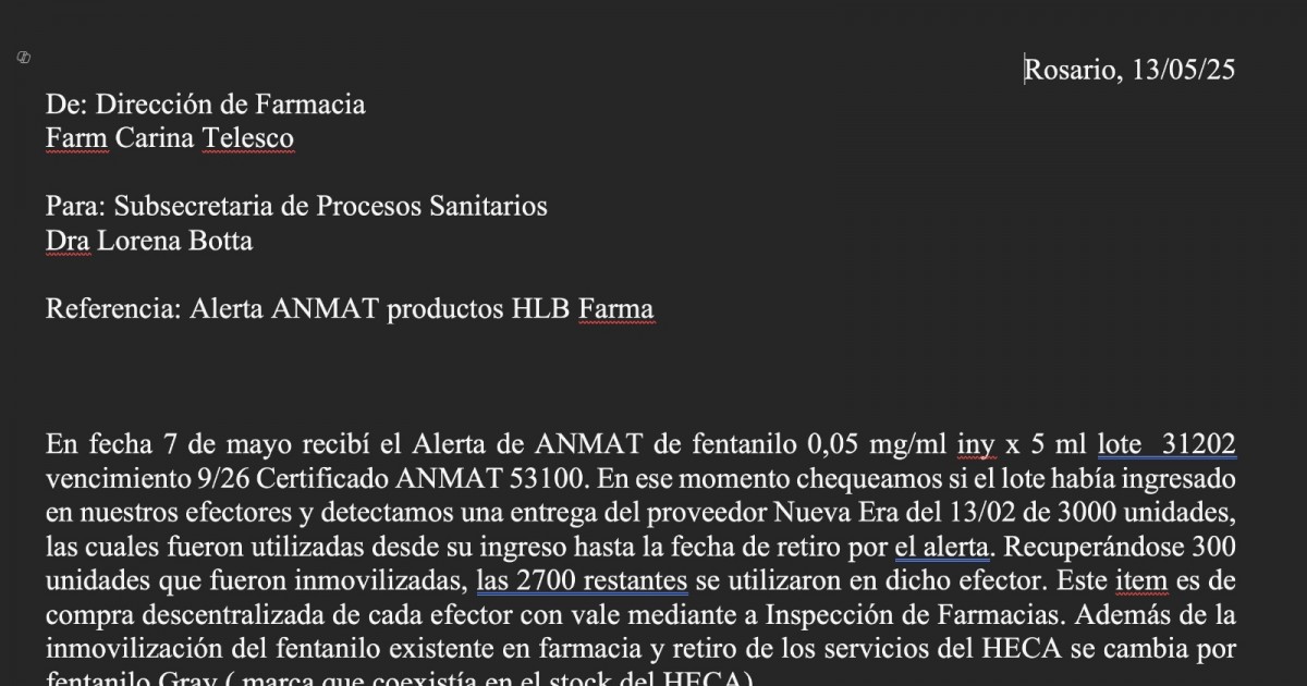 Anmat ignoró alerta de Rosario sobre fentanilo contaminado por tres meses.