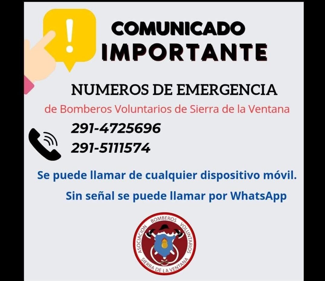 Bomberos de Sierra de la Ventana ofrece números de emergencia alternativos ante fallas técnicas.