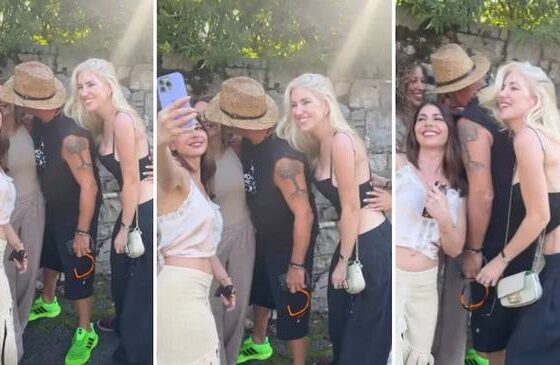 Rechazo público: Eros Ramazzotti intentó besar a Evangelina Anderson durante la Semana de la Moda en Milán.