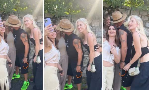 Rechazo público: Eros Ramazzotti intentó besar a Evangelina Anderson durante la Semana de la Moda en Milán.