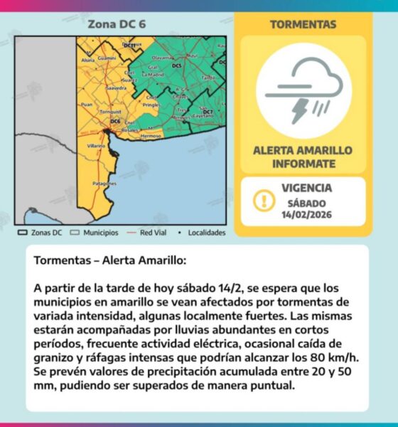 Alerta amarilla por tormentas para Bahía Blanca y la región