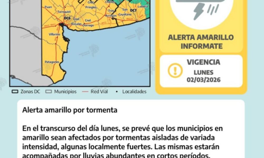 Doble alerta amarilla para este lunes en Bahía Blanca y la región