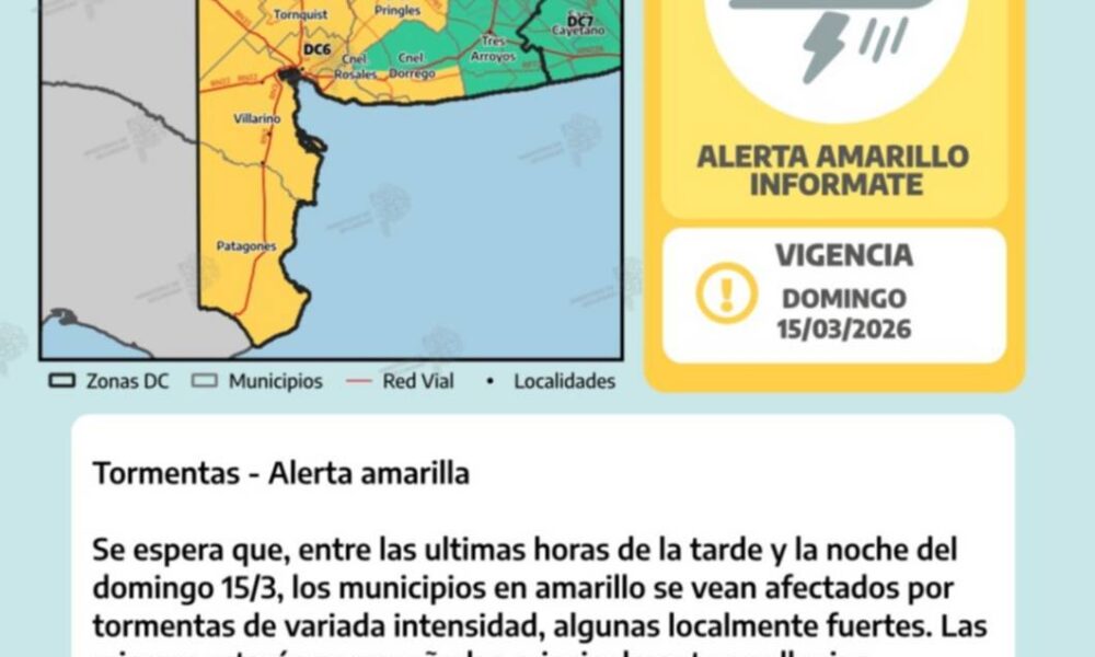 Alerta amarilla por tormentas para este domingo en Bahía Blanca y varios distritos aledaños