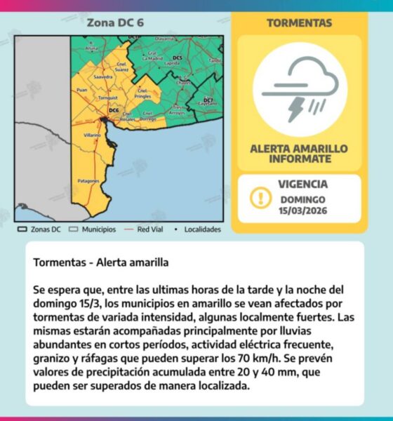Alerta amarilla por tormentas para este domingo en Bahía Blanca y varios distritos aledaños