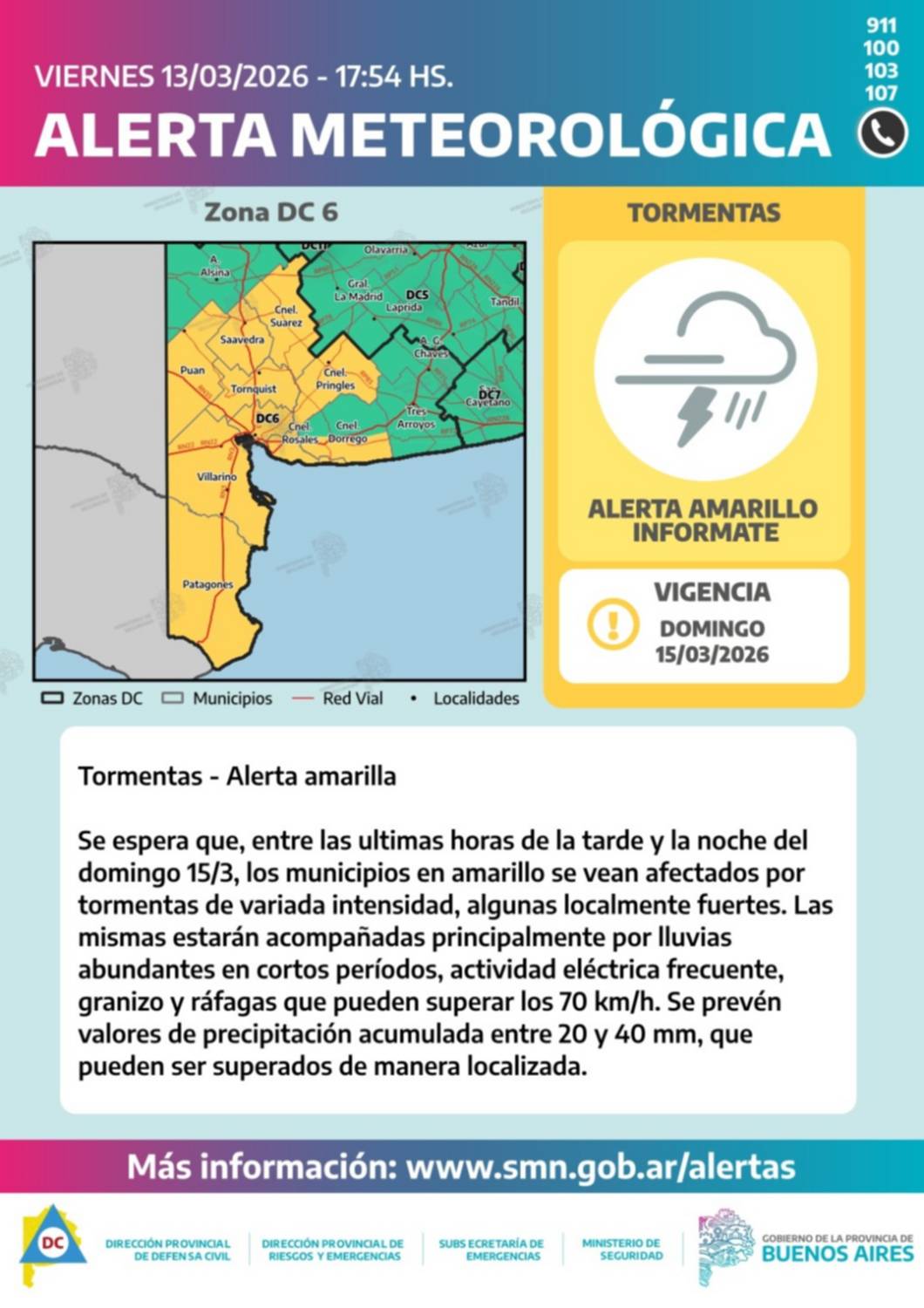 Alerta amarilla por tormentas para este domingo en Bahía Blanca y varios distritos aledaños