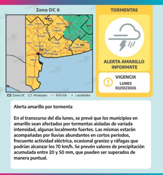 Doble alerta amarilla para este lunes en Bahía Blanca y la región