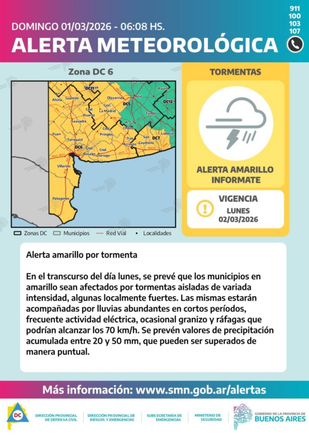 Doble alerta amarilla para este lunes en Bahía Blanca y la región
