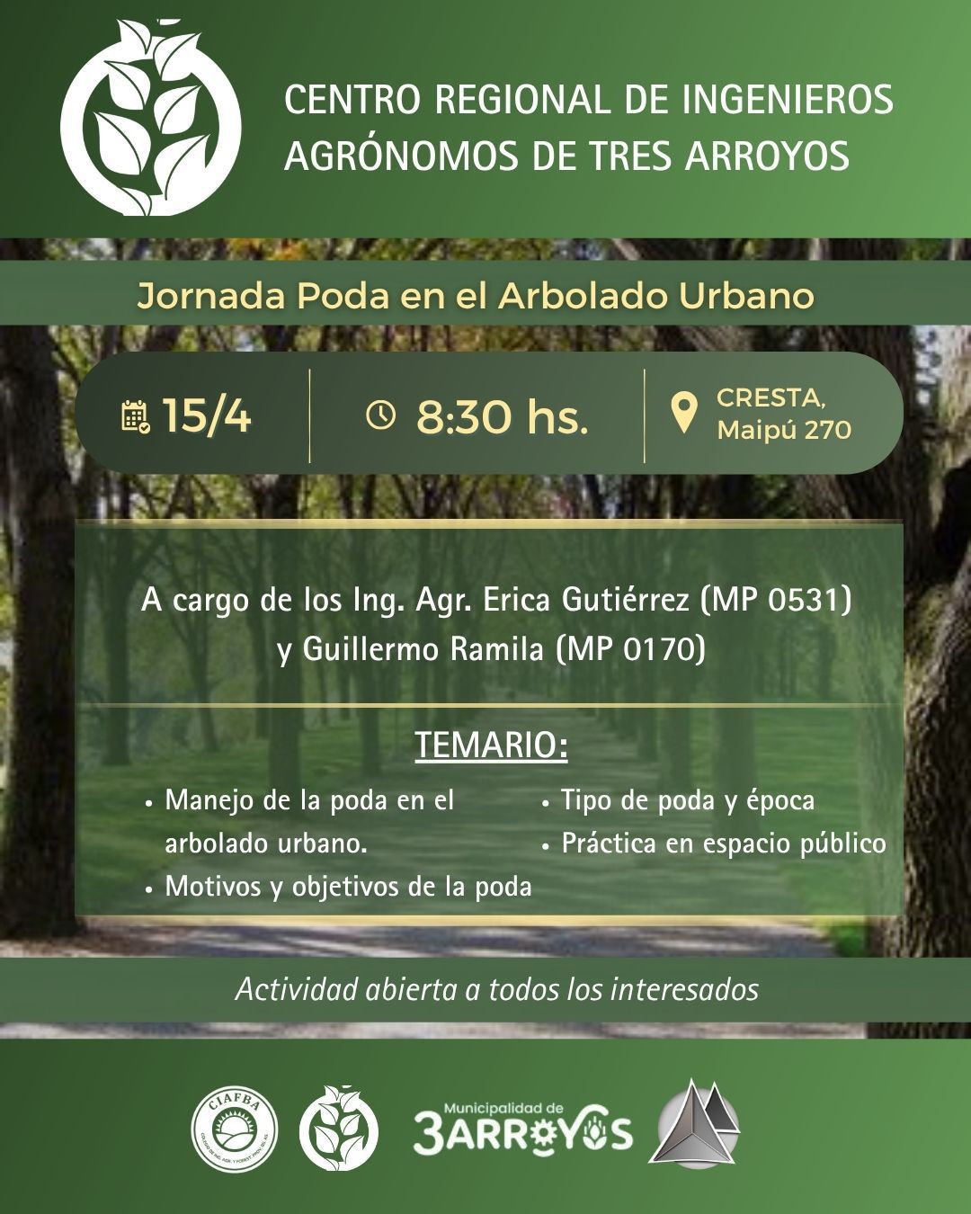 Tres Arroyos se capacita: lanzan una jornada intensiva sobre poda de arbolado urbano