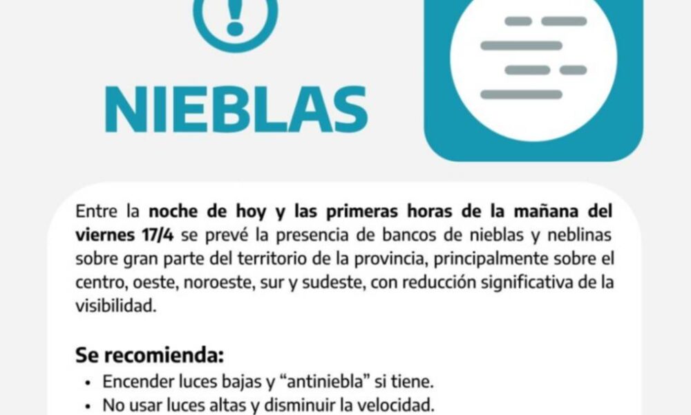 Alerta por bancos de niebla en la zona de Bahía Blanca y el Sudoeste Bonaerense