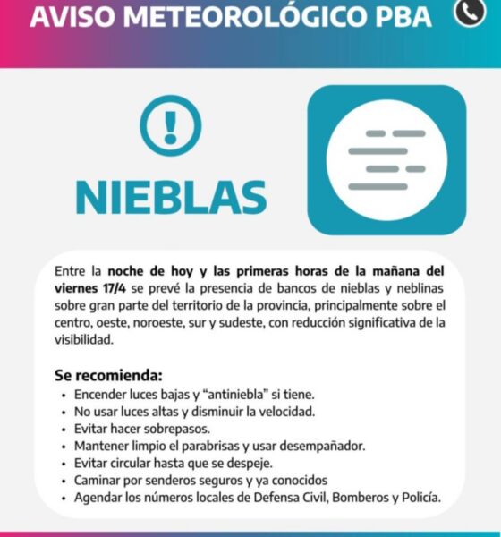 Alerta por bancos de niebla en la zona de Bahía Blanca y el Sudoeste Bonaerense