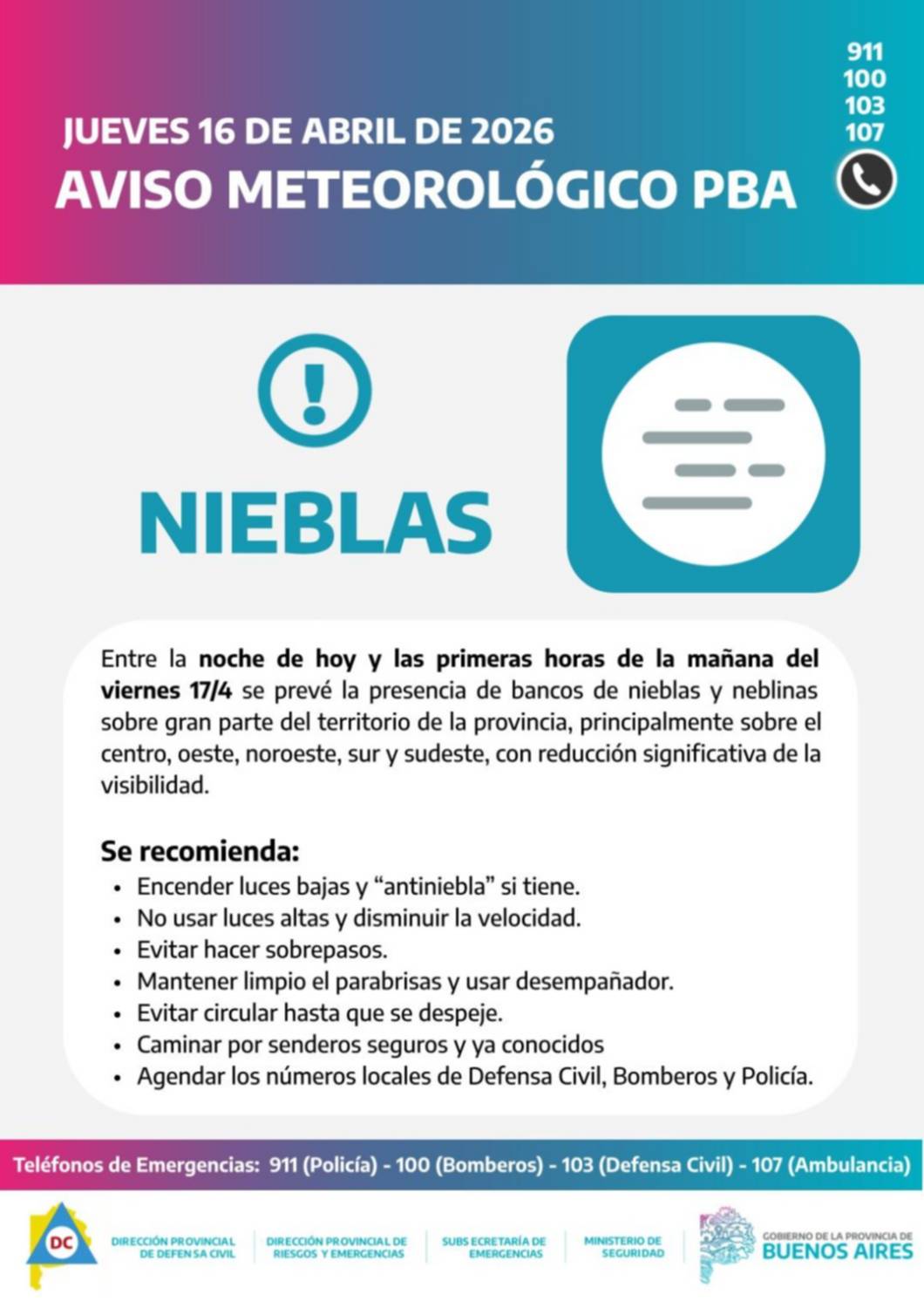 Alerta por bancos de niebla en la zona de Bahía Blanca y el Sudoeste Bonaerense