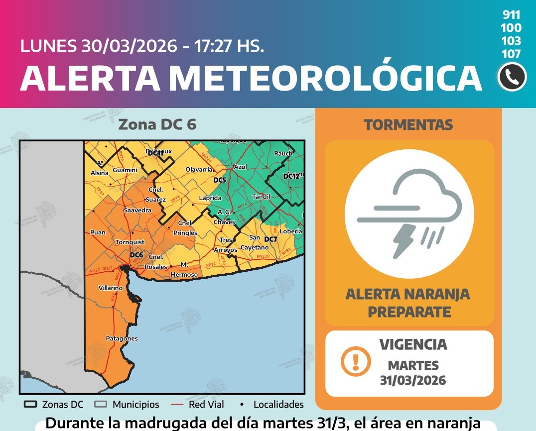 Alerta naranja por tormentas fuertes para la madrugada de este martes 31