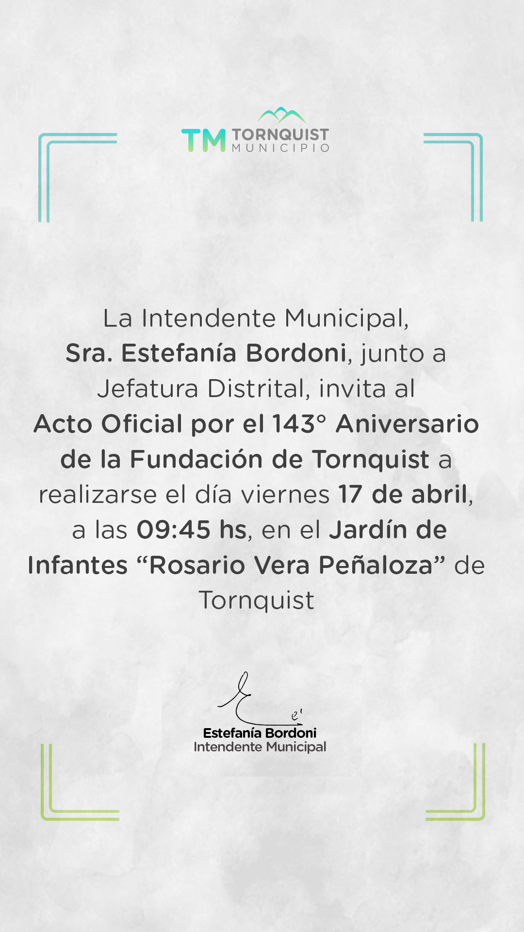 Invitación al acto por el 143º aniversario de Tornquist