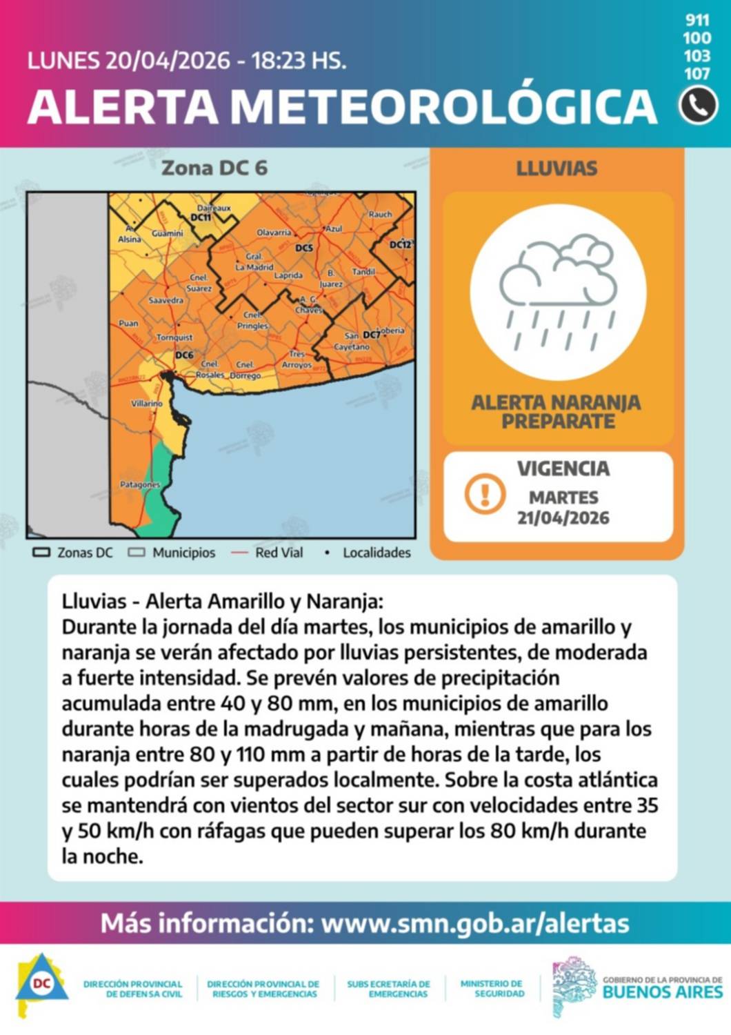 Doble alerta amarilla y naranja por lluvias para Bahía Blanca y el Sudoeste Bonaerense