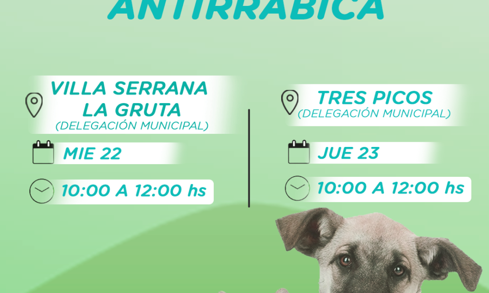 Habrá jornadas de vacunación antirrábica Tres Picos y Villa Serrana La Gruta