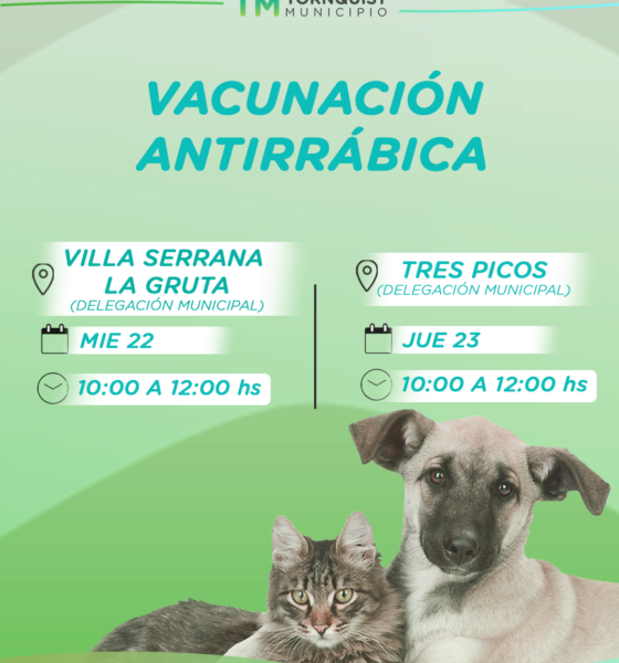 Habrá jornadas de vacunación antirrábica Tres Picos y Villa Serrana La Gruta