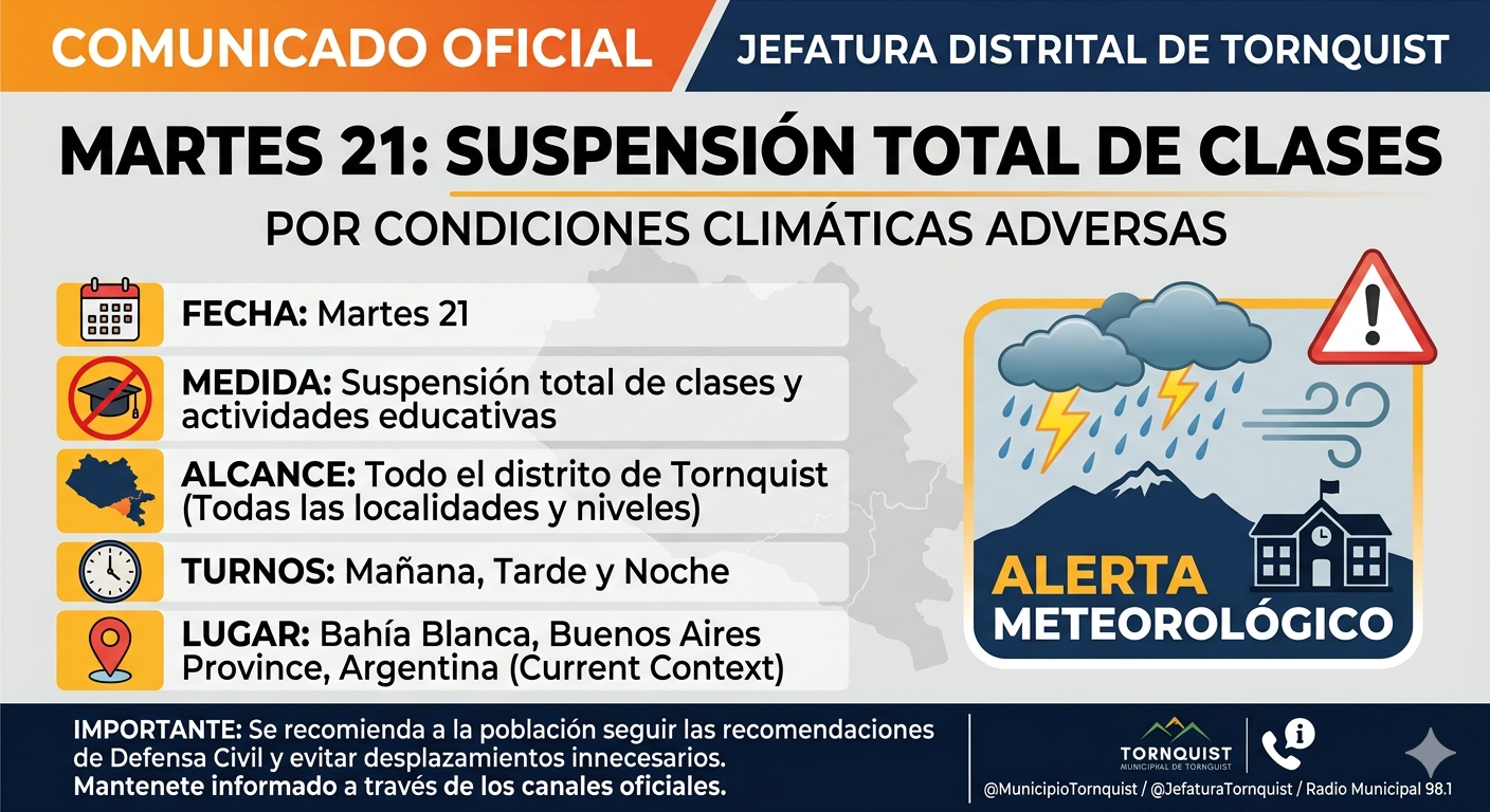 Martes 21:suspensión total de las clases por condiciones climáticas adversas