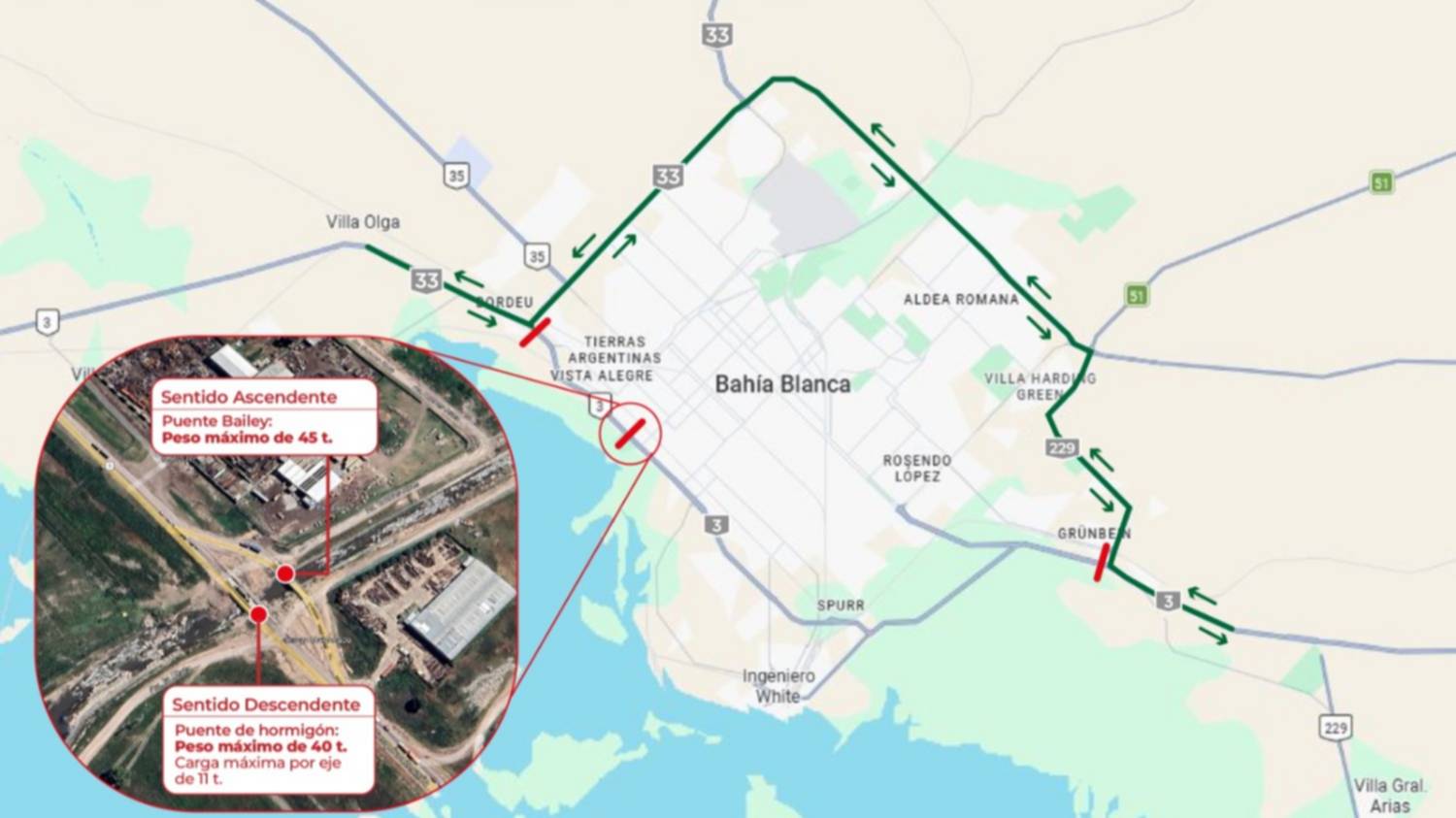 Establecen nuevos límites para los puentes en la ruta nacional 3 en el acceso a Bahía