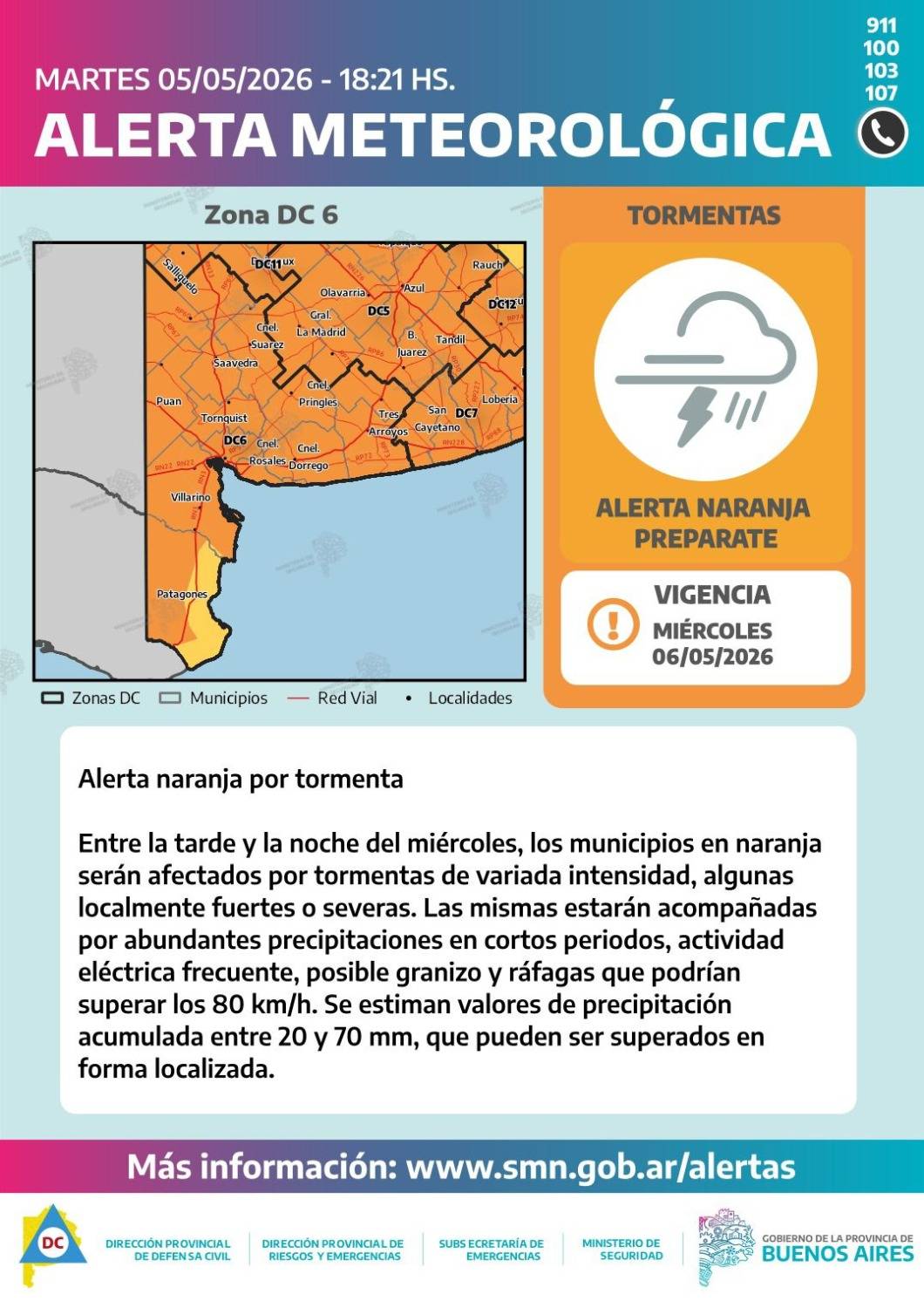 Bahía Blanca, bajo alerta naranja por tormentas previstas para esta tarde