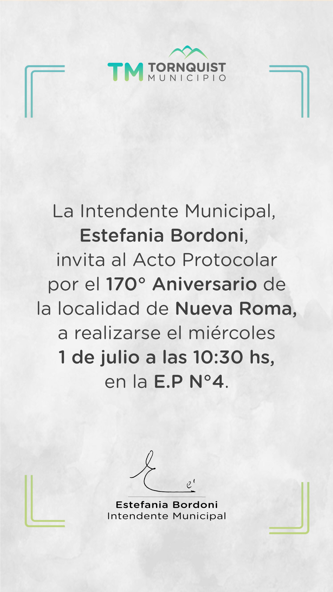 Invitación al acto del 170º aniversario de Nueva Roma