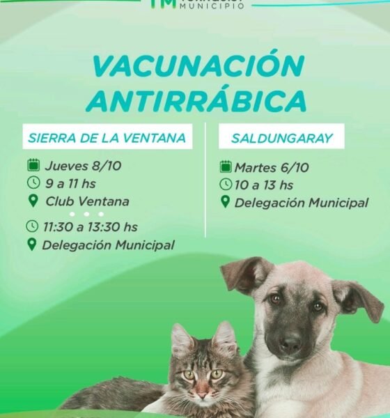 Se realizará una nueva campaña de vacunación antirrábica en Sierra de la Ventana y Saldungaray