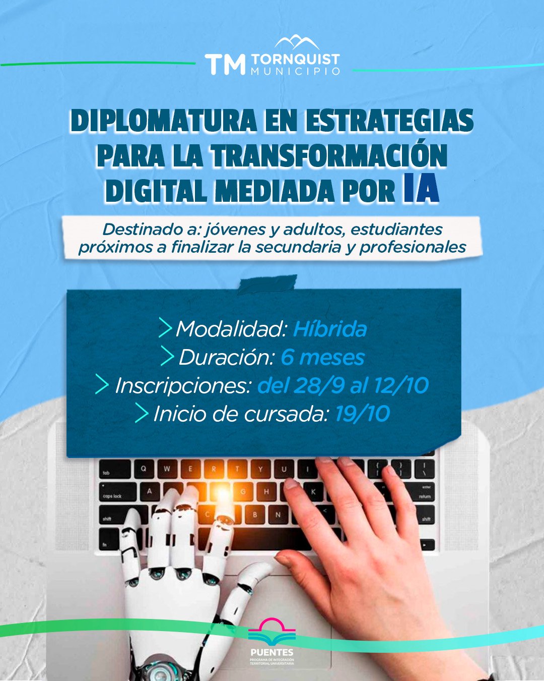 Tornquist: el 26 de octubre cierra la preinscripción para una diplomatura en Transformación Digital e Inteligencia Artificial